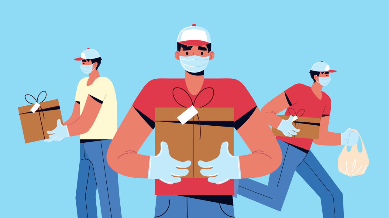 상자 및 가방 문자를 가진 배달 노동자