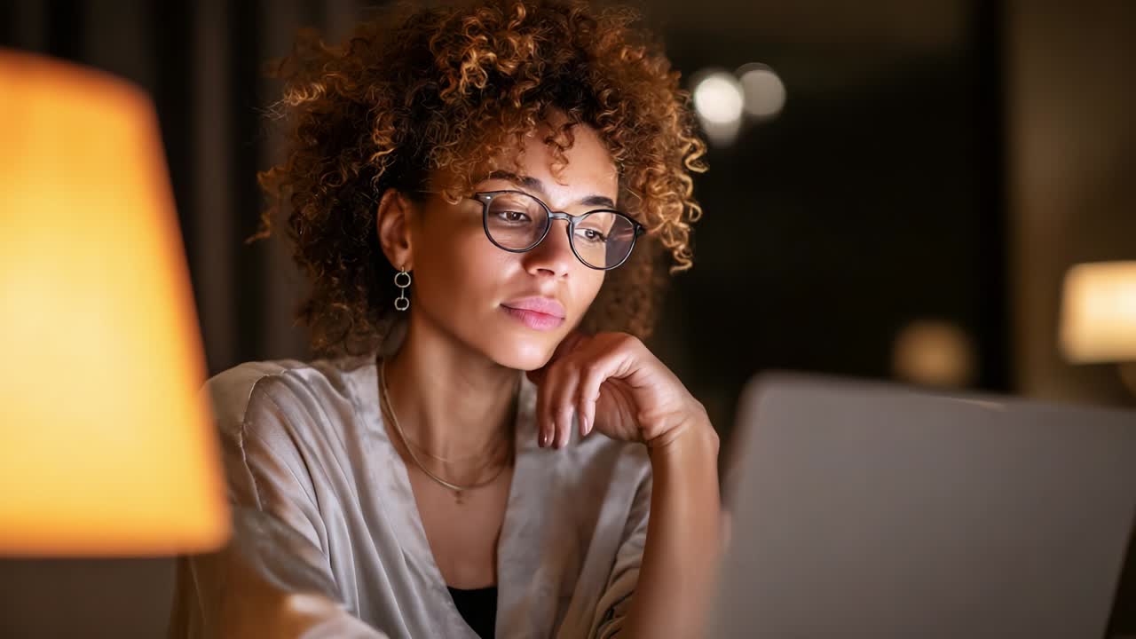 A young woman with curly hair and glasses gazes thoughtfully at her laptop screen in a cozy, softly lit environment, immersed in her work or creative thoughts during a late evening