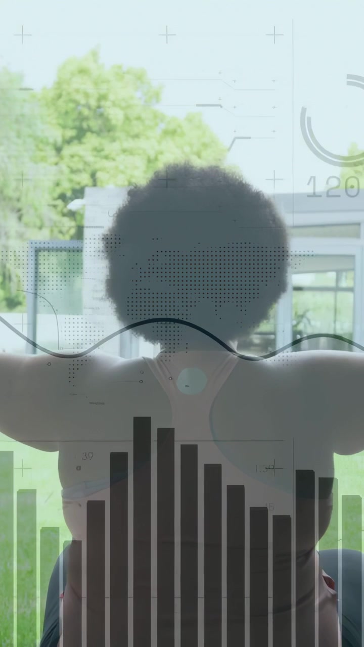 Vertical video: Woman facing glass door following HUD cue, doing health stretch tracking motion