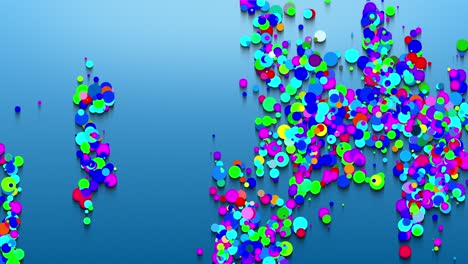 a vibrant and fast-moving abstract backdrop animation of colorful circular shapes casting directional shadows and forming overlapping groups that are scattered across a blue gradient background