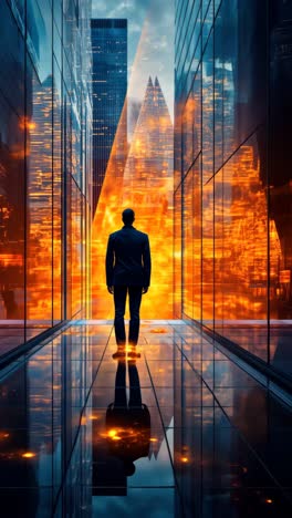 businessman standing in a modern cityscape at sunset hour