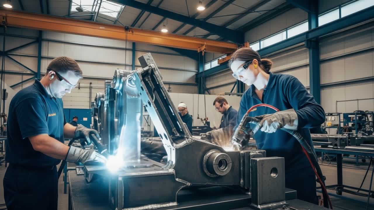 Dynamic Welding Process in an Industrial Setting: Workers Utilizing Advanced Equipment to Fabricate Metal Components with Precision and Safety in a Modern Factory Environment