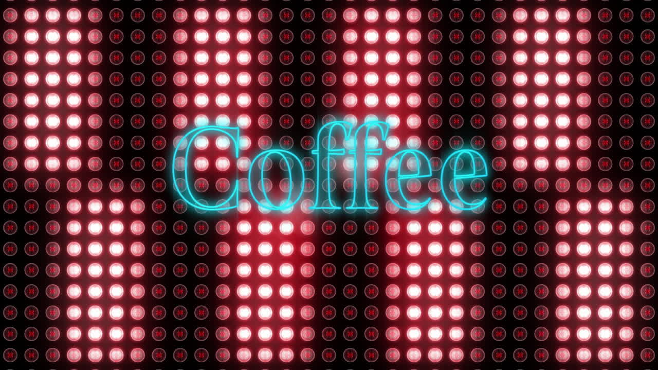 Animazione del testo caffè su sfondo di luci LED rosse e bianche