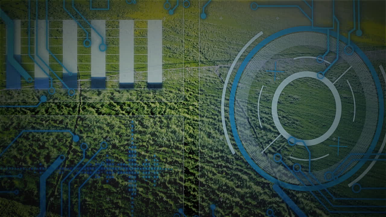 Animation of digital circuit patterns overlaying aerial view of lush landscape