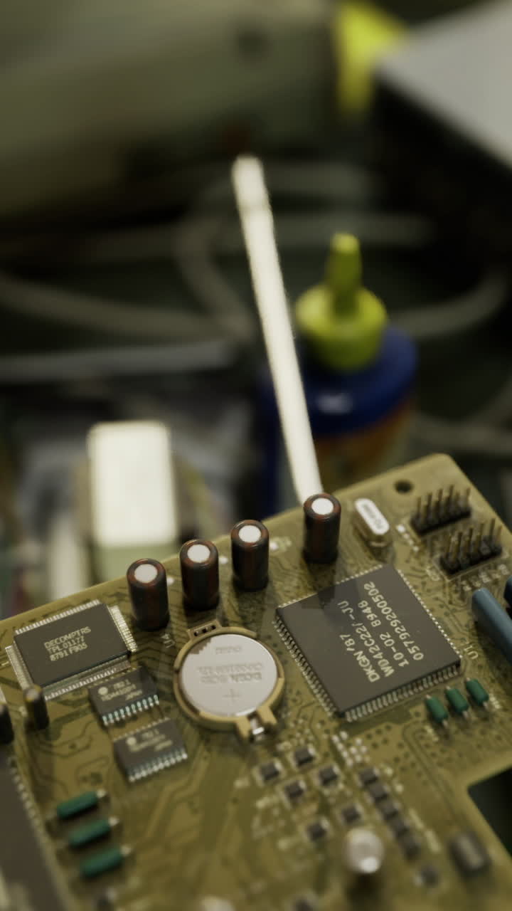 Close shot of circuit board with solder joints and technician tools