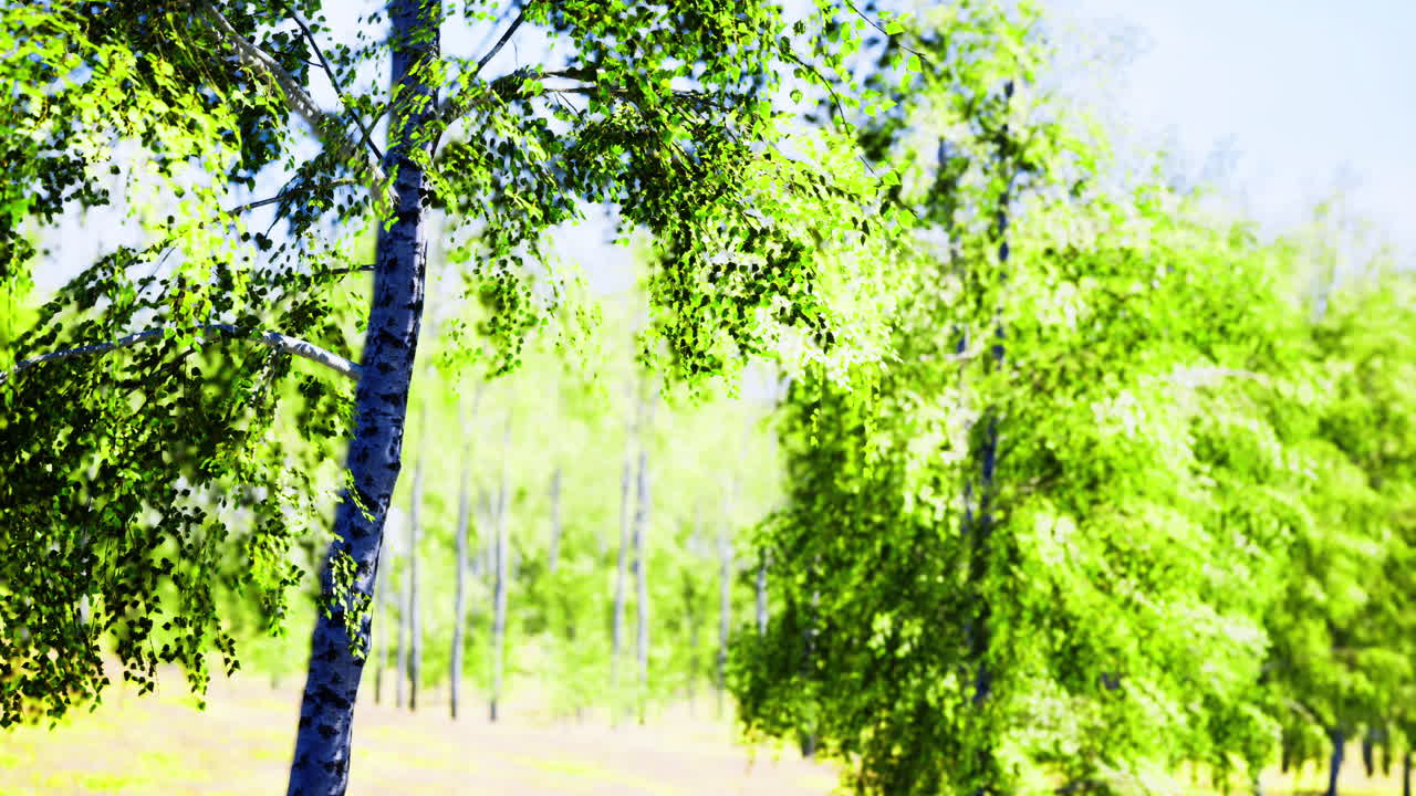 밝은 녹색의 나무들이 조용한 시골 풍경에서 부드럽게 흔들리고 있습니다.