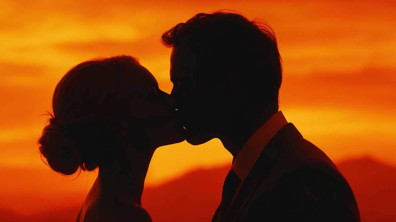 A Romantic Silhouette Embracing the Stunning Sunset: Capturing the Essence of Love in a Beautiful Moment of Connection Between Two Souls