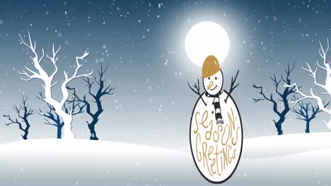 animation of seasons greetings text over snowman at christmas and snow falling