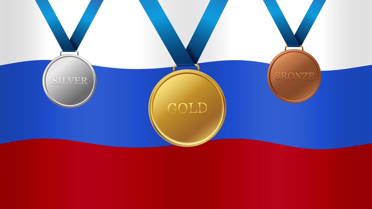 Geanimeerde gouden, zilveren en bronzen medailles hangend tegen een wapperende Russische nationale vlag achtergrond