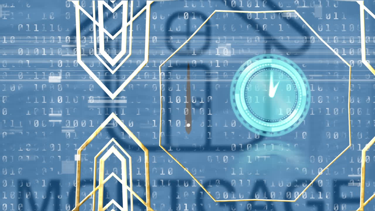 animación del reloj moviéndose rápido sobre la casa y codificación binaria sobre nubes digitales