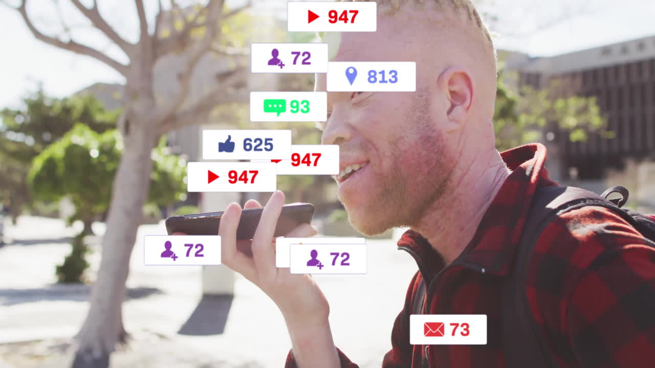 Using smartphone voice feature, person receiving social media notifications animation