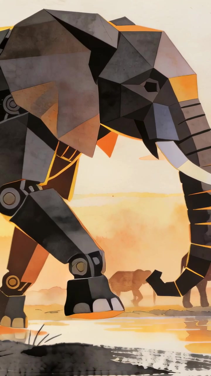 Video verticale: Elefante robot che cammina e si addentra in una palude al suono di un ping, pistoni che si flettono, mandria in lontananza.