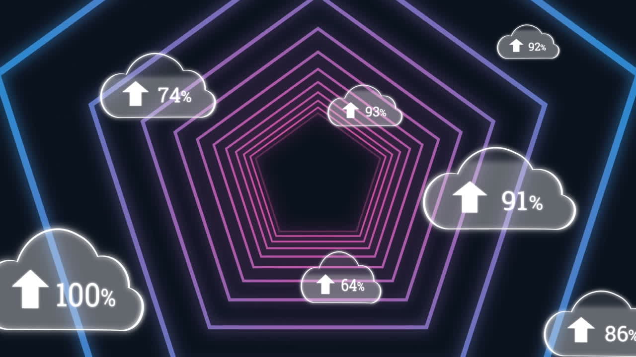 animación de nubes con un número creciente sobre pentágonos de neón