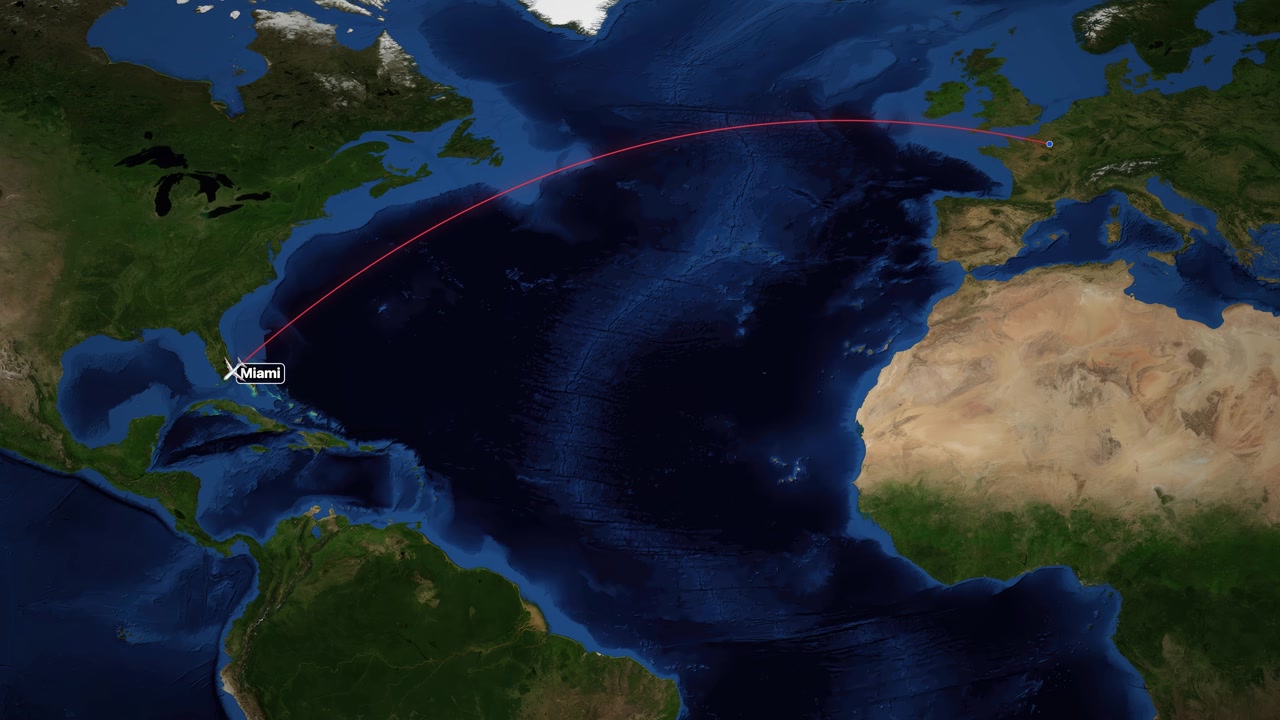 A digital airplane travels across the Atlantic Ocean on a red line connecting two cities