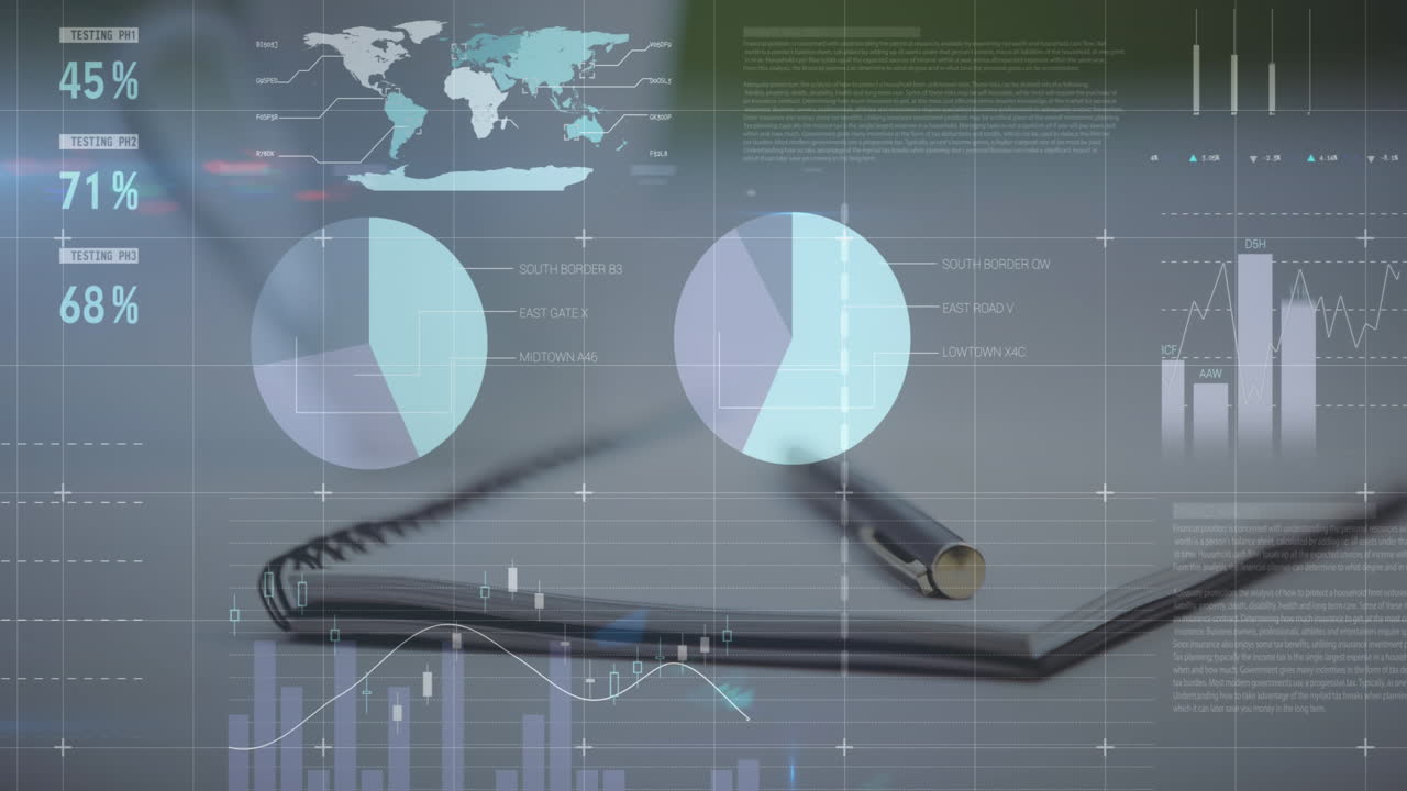 animación del procesamiento de datos estadísticos frente a una vista de cerca de un bolígrafo y un diario en la mesa de la oficina