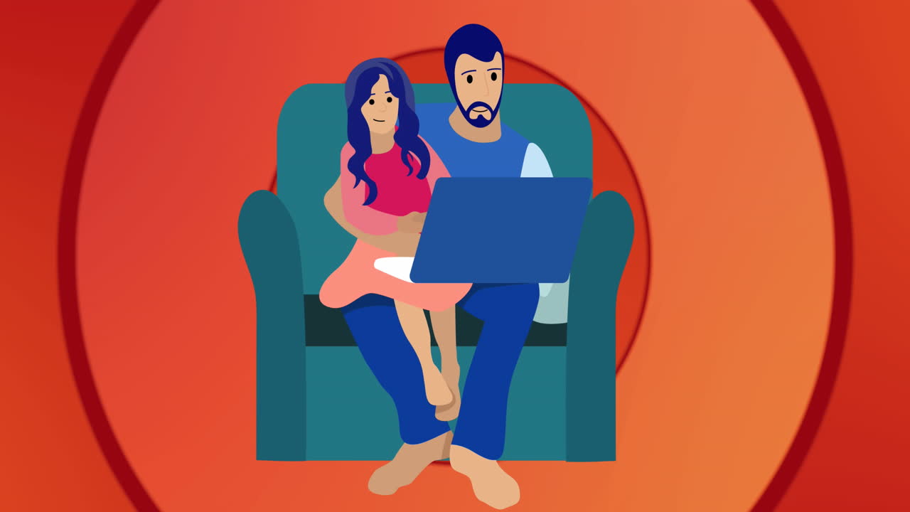 빨간색에 노트북을 사용하여 포옹 armchair에 앉은 아버지와 딸의 일러스트레이션의 애니메이션