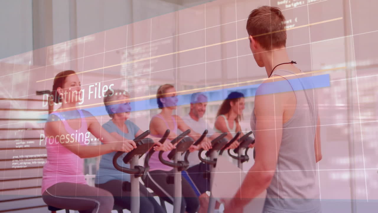 People exercising on stationary bikes with data processing animation overlay