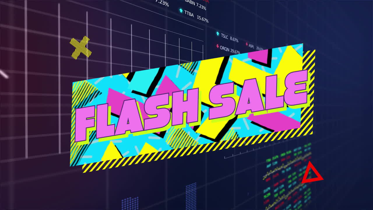 Pink flash sale banner floating over dark blue grid, featuring caution tape border and stock icons