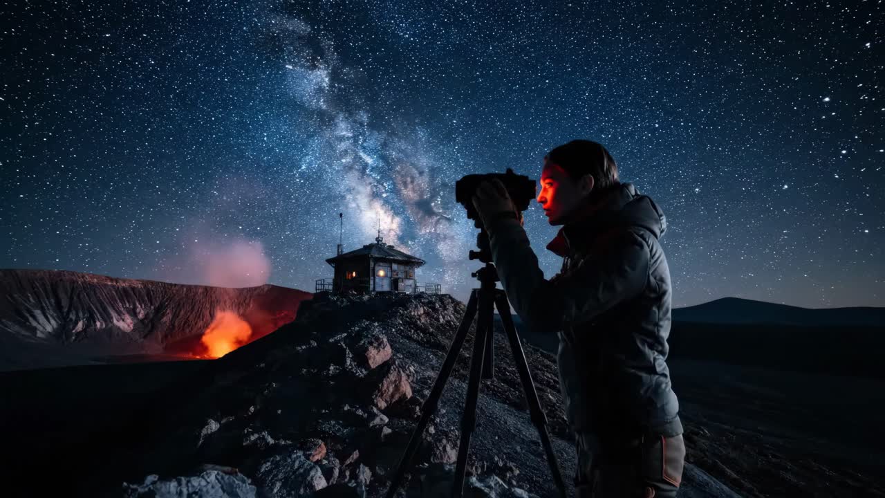Night photography of volcano and milky way