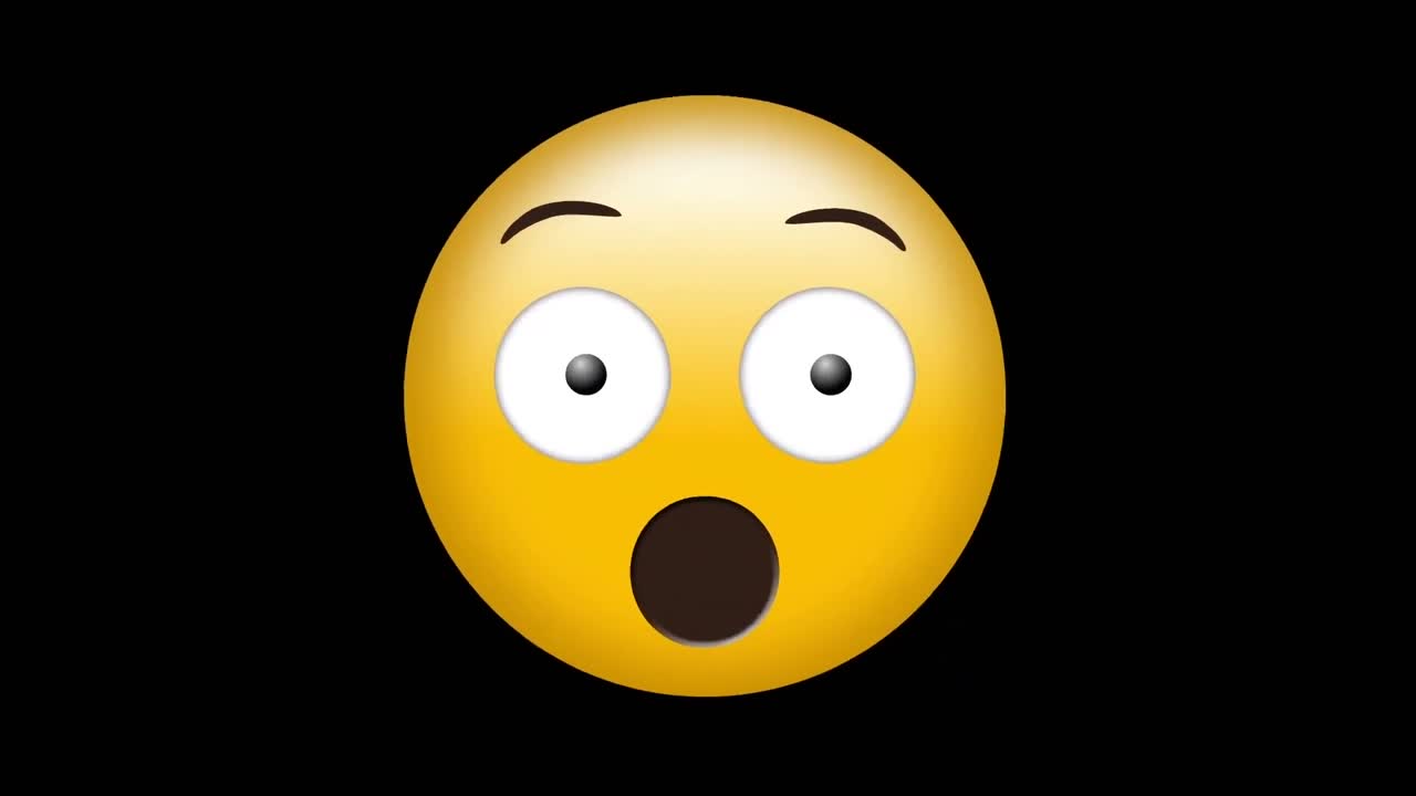 animación digital de formas púrpuras abstractas sobre emoji de cara sorprendida contra un fondo negro