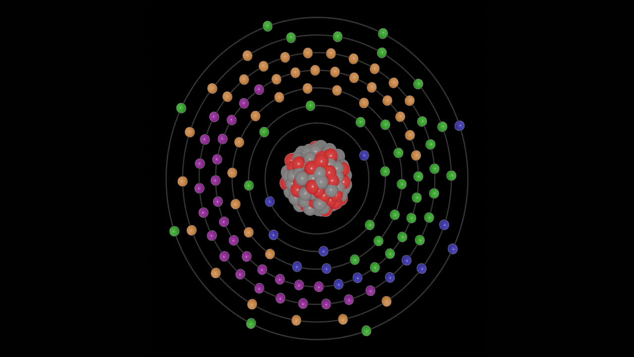 Animação 3D do átomo de Oganessônio (Og) no modelo de Bohr, com órbitas de elétrons, núcleo, prótons e nêutrons, e níveis de energia em loop contínuo sobre fundo transparente. Ideal para visuais de educação STEM.