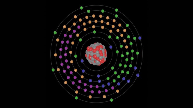 3D animation of Oganesson (Og) atom in the Bohr model with electron orbits, nucleus, protons and neutrons, energy levels in seamless loop on transparent background. Ideal for STEM education visuals