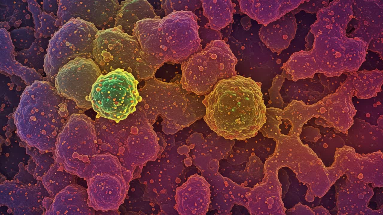 Vivid Illustration of Cellular Structures Under a Microscope: A Detailed Look at Colorful Microorganisms and Their Complex Interactions in a Vibrant Environment