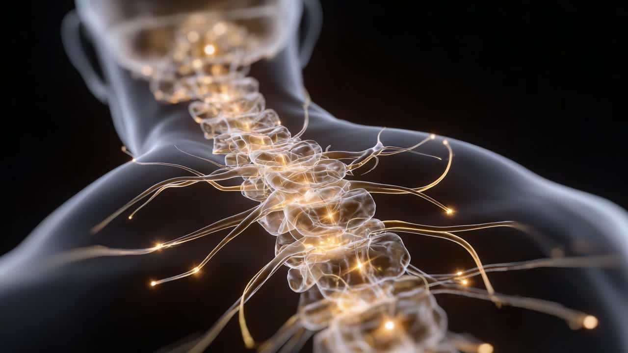 Una visualizzazione affascinante della colonna vertebrale e del sistema nervoso umano, che mette in evidenza l'interconnessione delle vertebre e dei percorsi nervosi per una migliore comprensione.