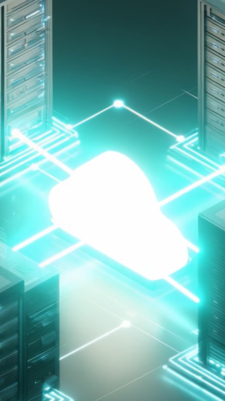Illuminated Cloud Icon Surrounded by Digital Server Infrastructure and Data Flow in a Futuristic Environment