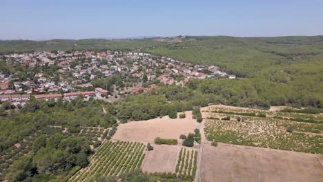 Eine-Gemächliche,-Langsame-Drohnenaufnahme,-Die-Einen-Bezaubernden-Blick-Auf-Ein-Malerisches-Viertel-Inmitten-Der-üppigen-Hügel-Spaniens-Bietet