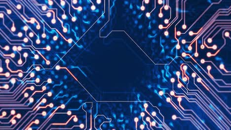 animación de rastros de luz que se mueven sobre una placa de circuito de computadora