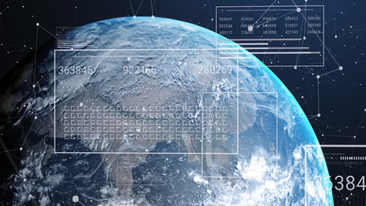 그래프의 애니메이션, 변하는 숫자, 로딩 사각형 및 전 세계에 연결된 점