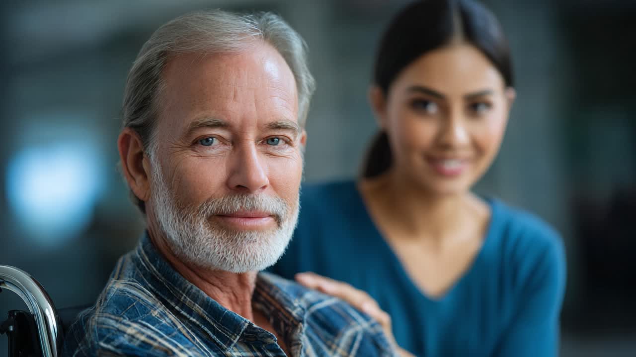 A heartwarming connection reflects the bond between an elderly man and a young woman in a nurturing atmosphere of care and companionship