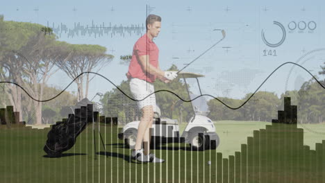 male golfer preparing shot on green fairway, with animated health stats and swing arc overlay