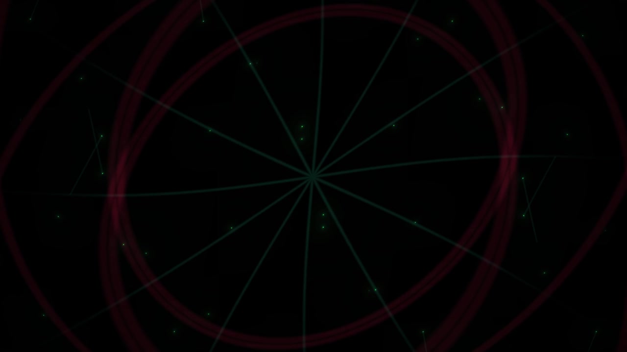 Fondo abstracto dinámico con partículas verdes brillantes y espirales rojas
