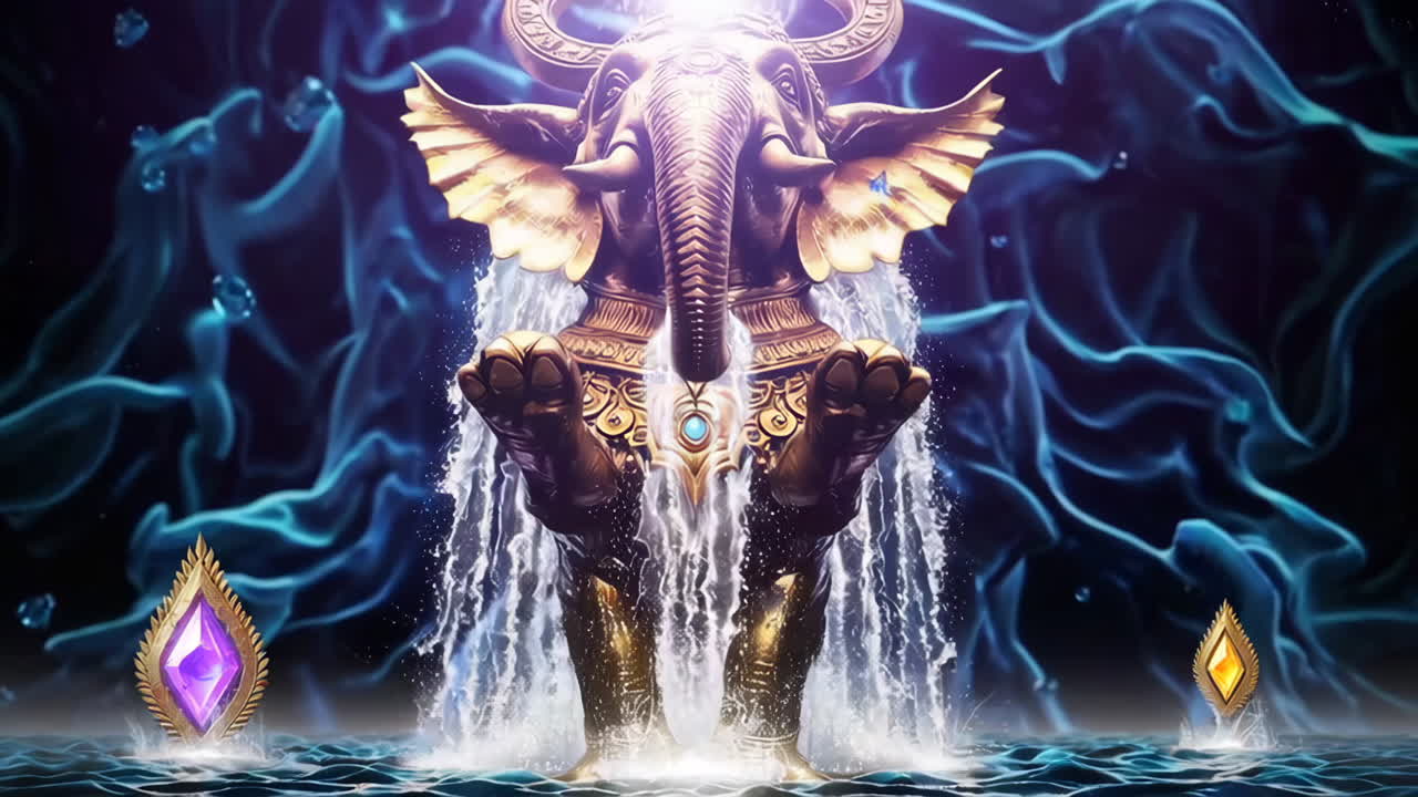 Golden Elephant Fountain with Waterfalls and Jewels