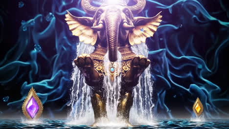 golden elephant fountain with waterfalls and jewels