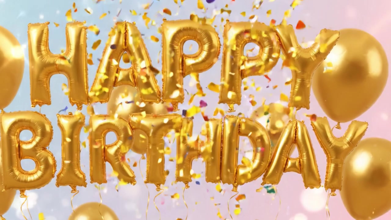 Una celebrazione festiva: palloncini dorati che formano la scritta 'Buon Compleanno' contro uno sfondo colorato per occasioni gioiose ed eventi speciali pieni di risate.