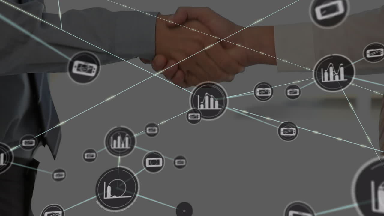 animación de la red de conexiones con iconos sobre el apretón de manos