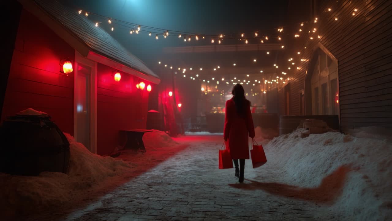 A Woman in a Vibrant Red Coat Strolls Down a Snowy Alley Lit by Twinkling String Lights and Flickering Lanterns, Carrying Shopping Bags Amidst a Dreamy Winter Evening Atmosphere