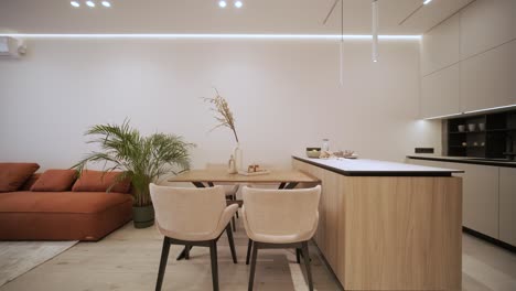 modern open-concept apartment kitchen and dining area