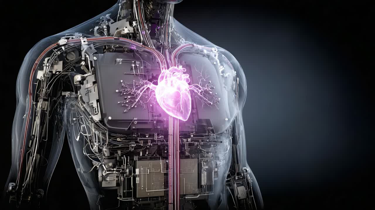 A Stunning Visualization of a Cybernetic Human Heart Integrated with Advanced Technology, Emphasizing the Fusion of Biology and Mechanics in Futuristic Healthcare