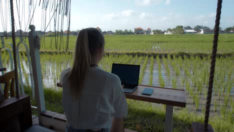 a young european girl in a blue dress remotely online working on laptop and looking into the screen on the backyard with green plants