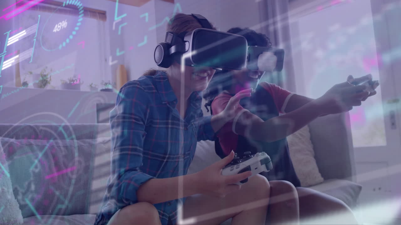 Animazione di elaborazione dati su diverse donne che usano visori VR