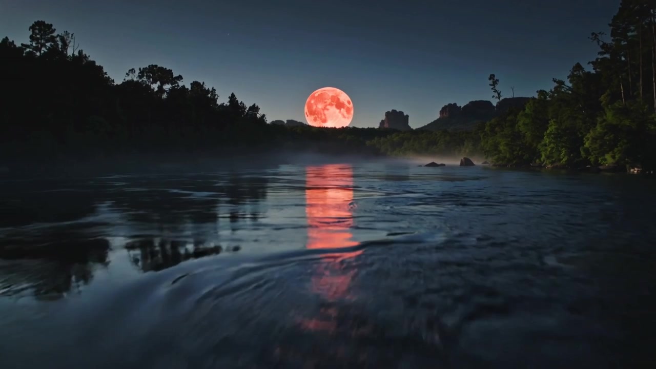 Grande lua cheia avermelhada brilhante enviando reflexo rio acima à noite, ondulações criando um brilho nebuloso.