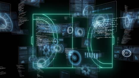 Animation of data processing over digital stadium on black background
