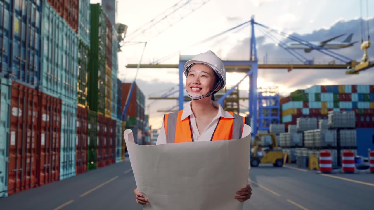 Front View of Asian Female Engineer Looking At Blueprint In His Hands While Walking at Port with Container Ship and Cranes at Sunset