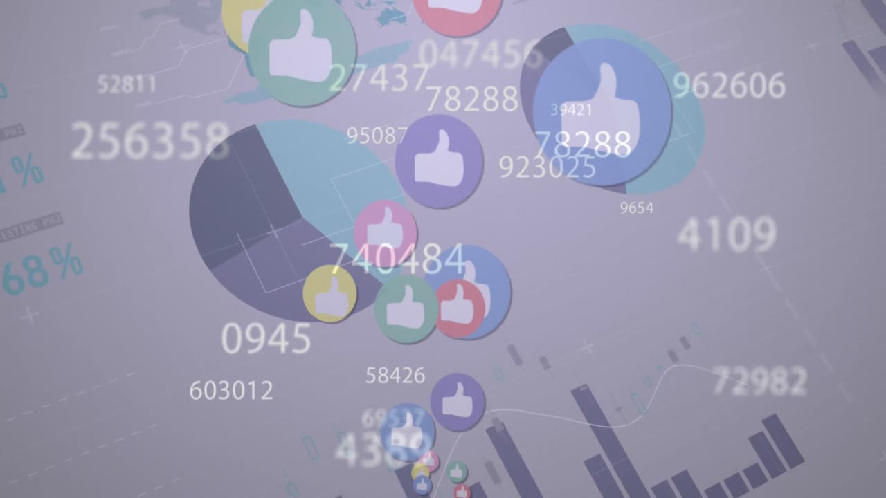 animación de múltiples números cambiantes y iconos similares contra el procesamiento de datos estadísticos.