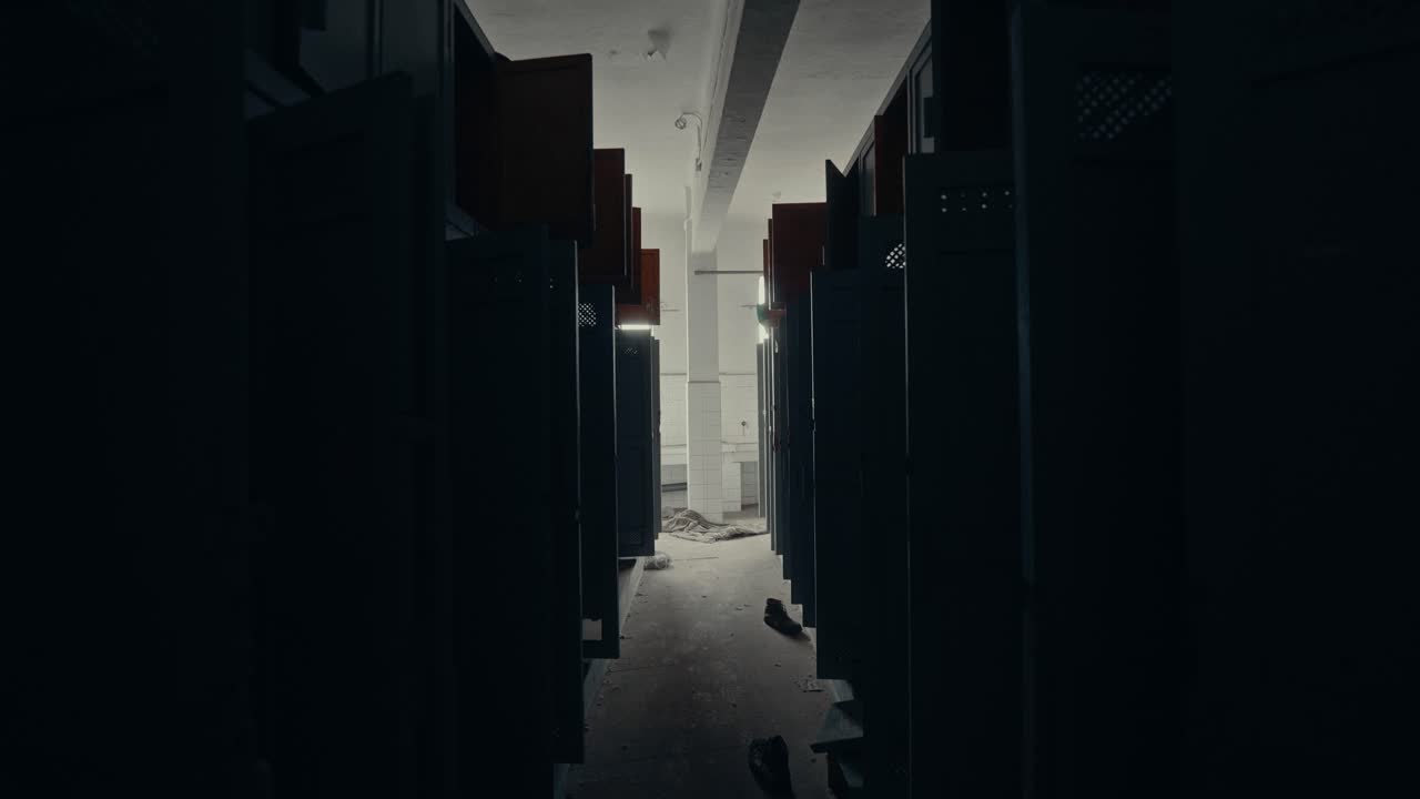 Abandoned Lockers in a Dark and Derelict Changing Room Corridor