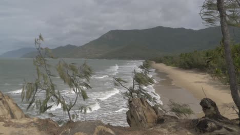 Ozeanwellen-Und-Grüne-Bäume,-Die-Sich-Bei-Starkem-Wind-Am-Thala-Beach-In-Oak-Beach-Town,-Shire-Of-Douglas,-Australien,-Wiegen